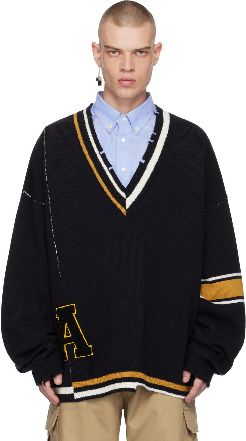 Sweater Ambush Destroyed Rib Knit V-Neck Sweater Svart | BMHD003F24KNI0011010