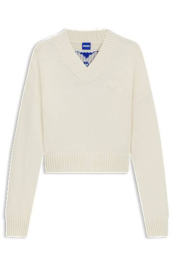 Sweater BOSS HUGO Women's Happy Cropped V-Neck Sweater with Heart Detail Vit | 50543059