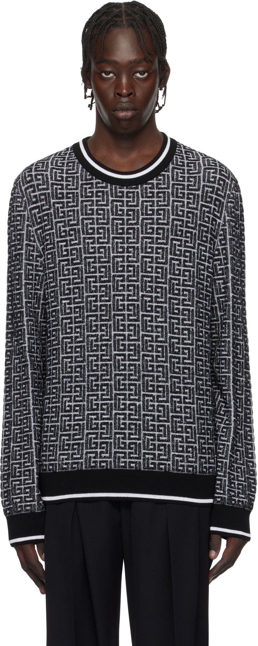 Sweater Balmain Geometric Knit Sweater Svart | EH1KD000KI03