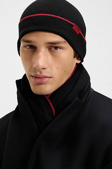 Mössa BOSS Knitted wool hat and scarf set with contrast trim Svart | 50517757, 1