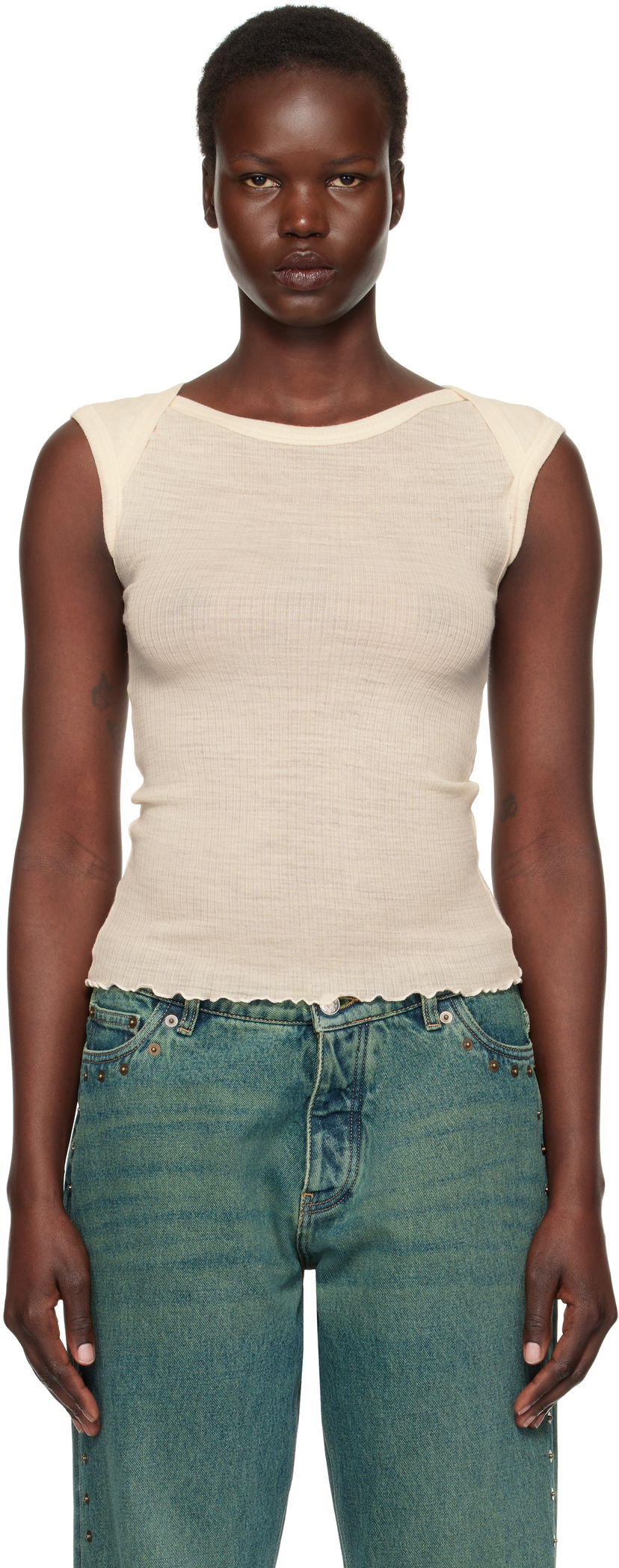 Linne Baserange Ribbed Knit Cap Sleeve Tank Top Beige | TODI-WO-SP25