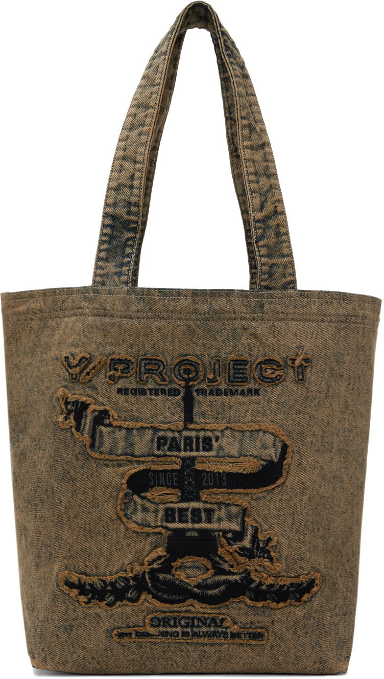 Tygpåse Y/PROJECT Beige 'Paris' Best' Denim Tote Brun | 620BA004