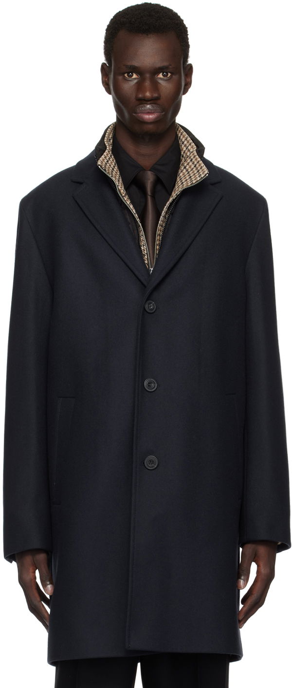 Rockar BOSS Layered Wool Blend Overcoat Mörkblå | 50528836