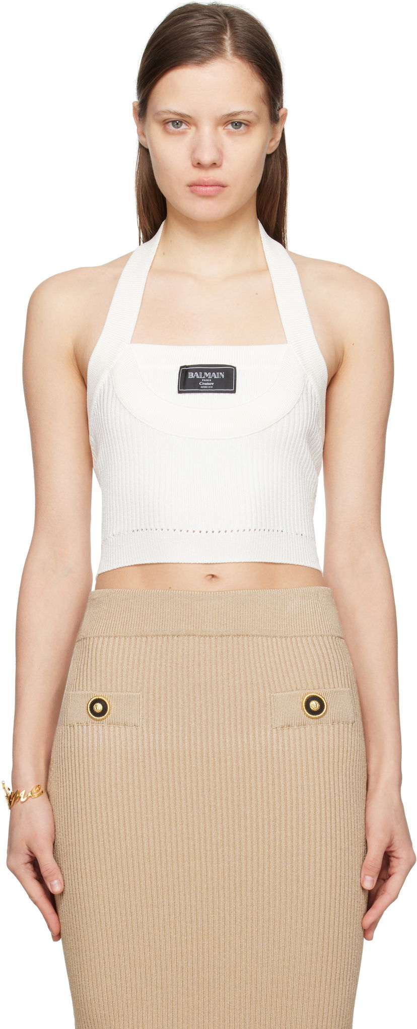 Kjol Balmain Balmain Ribbed Knit Halter Top Beige | EF1AA380KI10