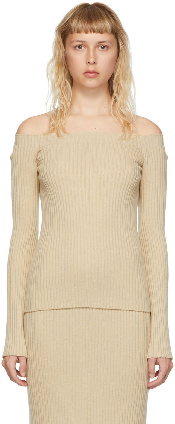 Linne CHLOÉ Off-the-Shoulder Ribbed Wool Sweater Beige | CHC22UMP11650