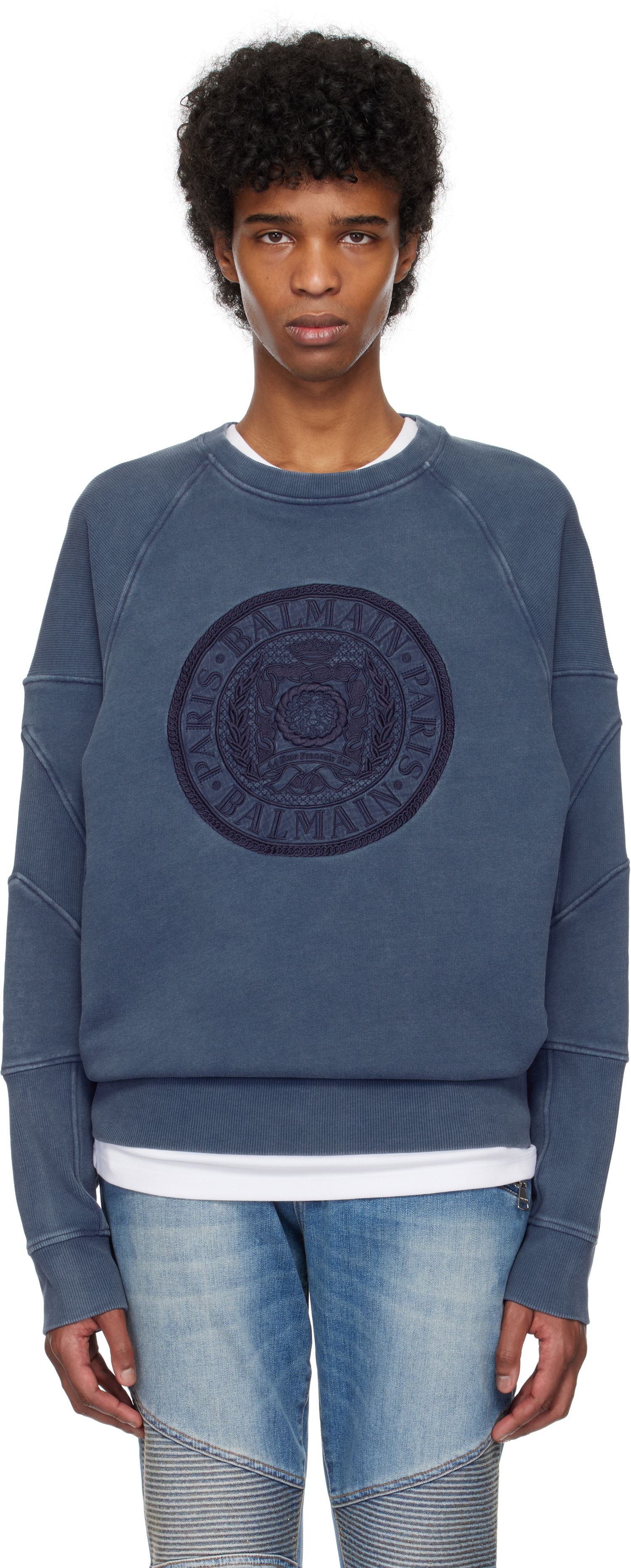 Sweater Balmain Balmain Ribbed Coin Embroidery Sweatshirt Blå | EH1JS007BC89, 0