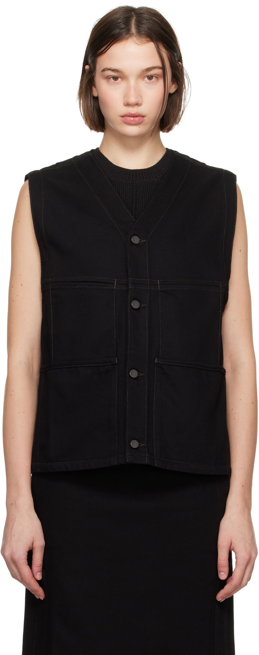 Väst LEMAIRE Lemaire Y-Neck Denim Vest Svart | OW1109 LD1004