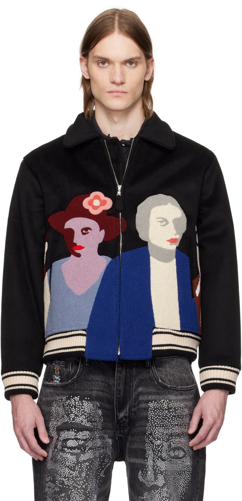 Bomberjacka KidSuper KidSuper Patchwork Portraits Wool Varsity Jacket Svart | SS25-OW-04