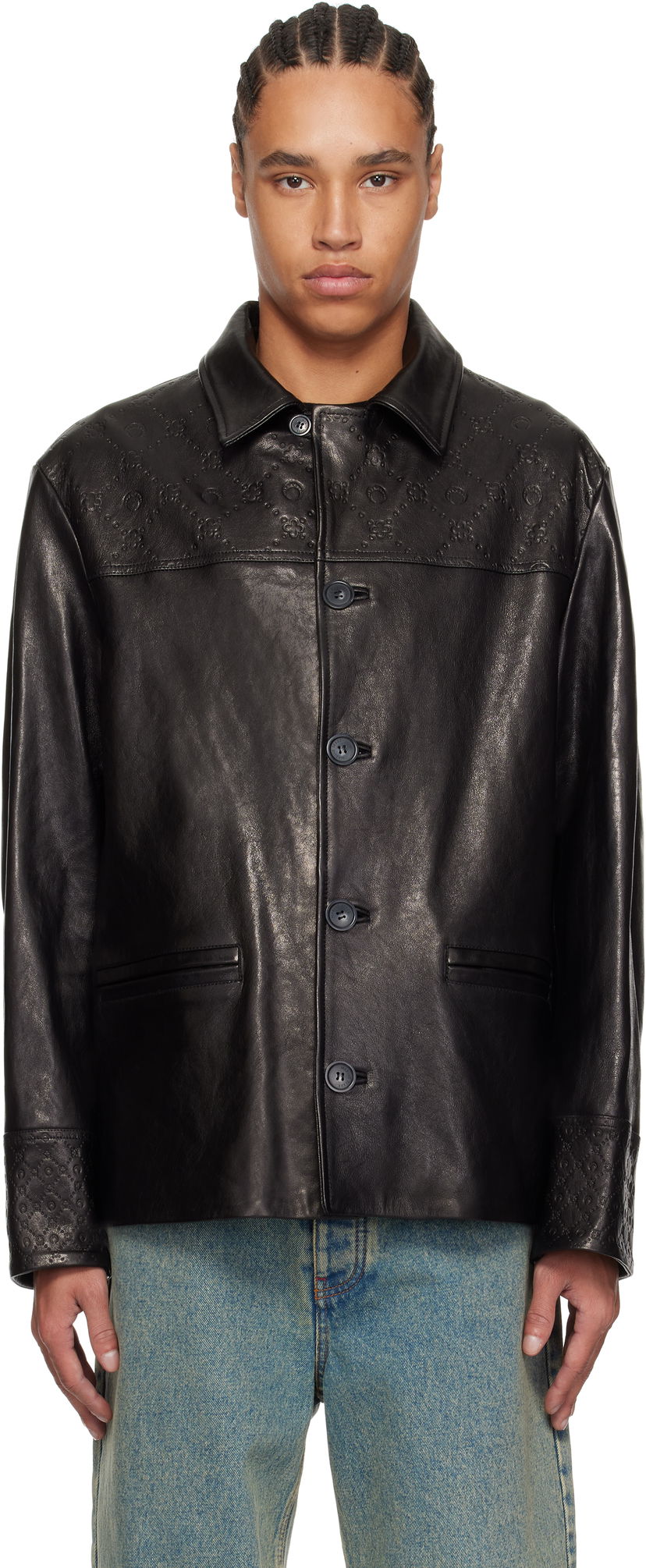 Jacka Marine Serre Marine Serre Monogram Embossed Boxy Leather Jacket Svart | MJA065B RLEA0021