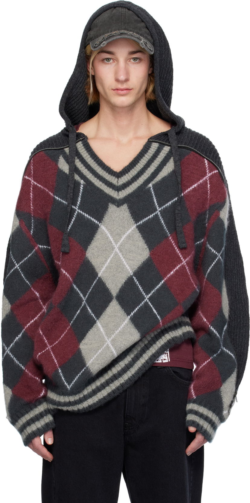 Sweater Y/PROJECT Zip Insert Argyle Hoodie Röd | 206SW005
