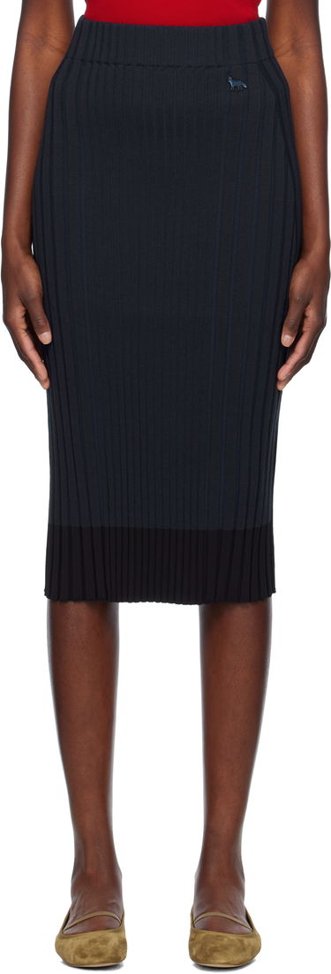 Kjol MAISON KITSUNÉ Maison Kitsuné Ribbed Midi Skirt with Fox Patch Mörkblå | OW01520KT1121, 0