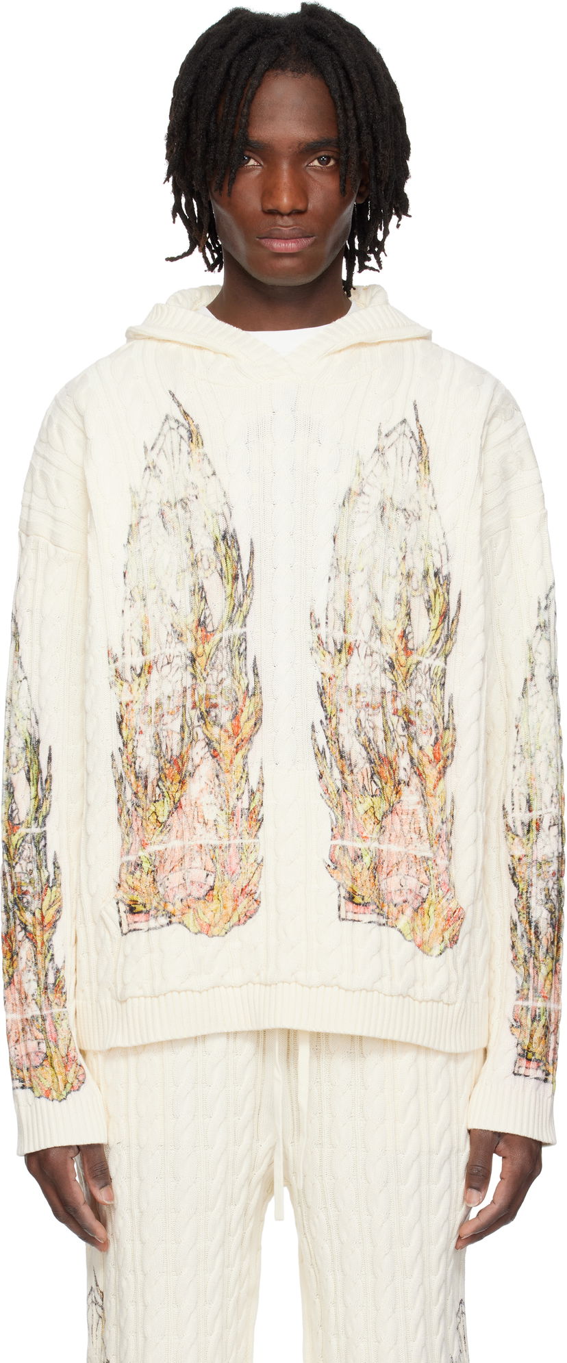 Sweater Who Decides War Who Decides War Flame Glass Cable Knit Hoodie Vit | 1110200019SS25