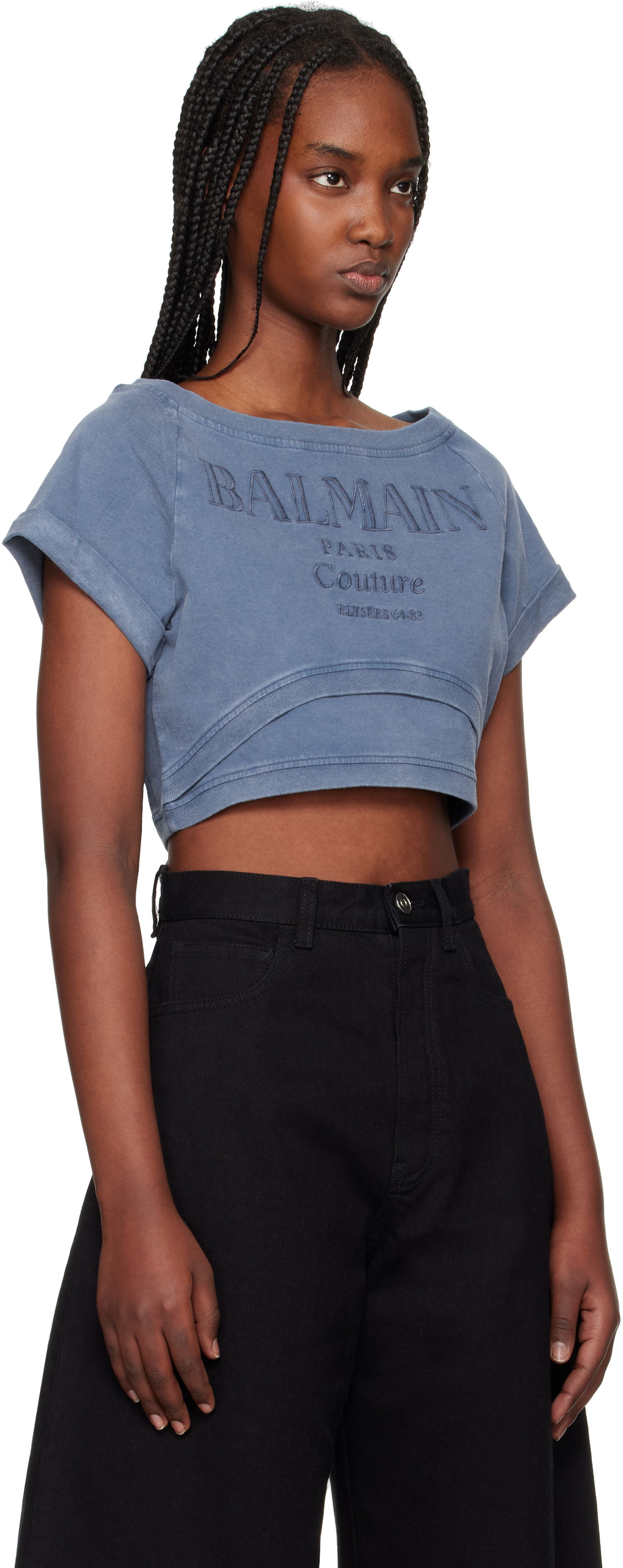 Crop top Balmain Balmain Cropped Couture Embroidered T-Shirt Blå | EF1EE121BC96, 1