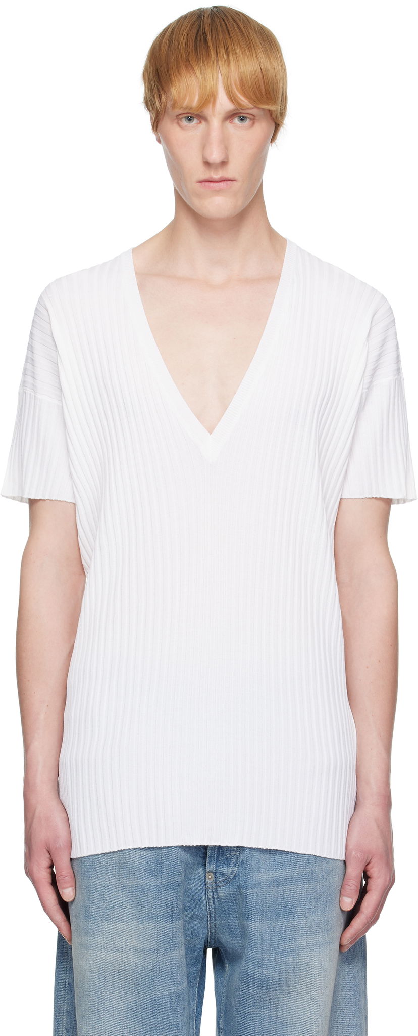 T-shirt Maison Margiela MM6 Maison Margiela Rib-Knit V-Neck T-Shirt Vit | SH2HN0003 M13125