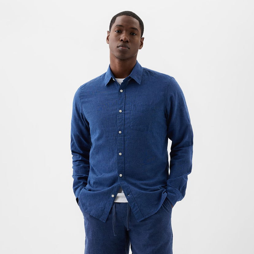 Skjorta GAP Longsleeve Standard-Fit Linen Shirt Bainbridge Blue Blå | 885302-06