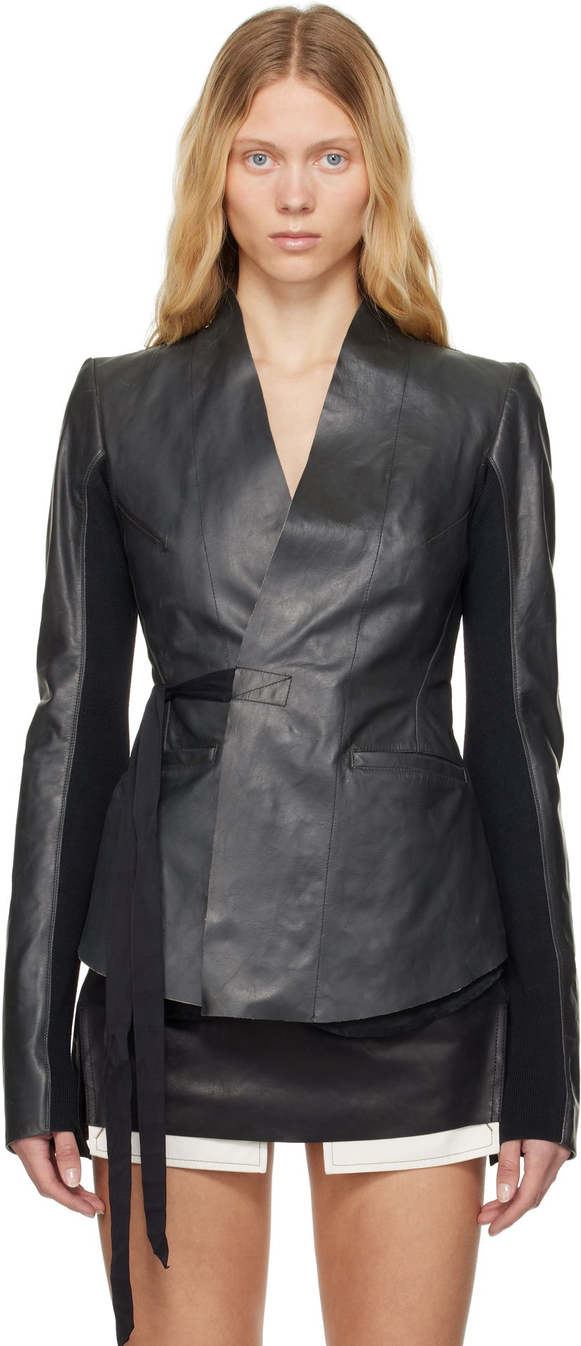 Jacka Rick Owens Rick Owens Hollywood Tamponato Calf Leather Wrap Jacket Svart | RP01E7749 LTP