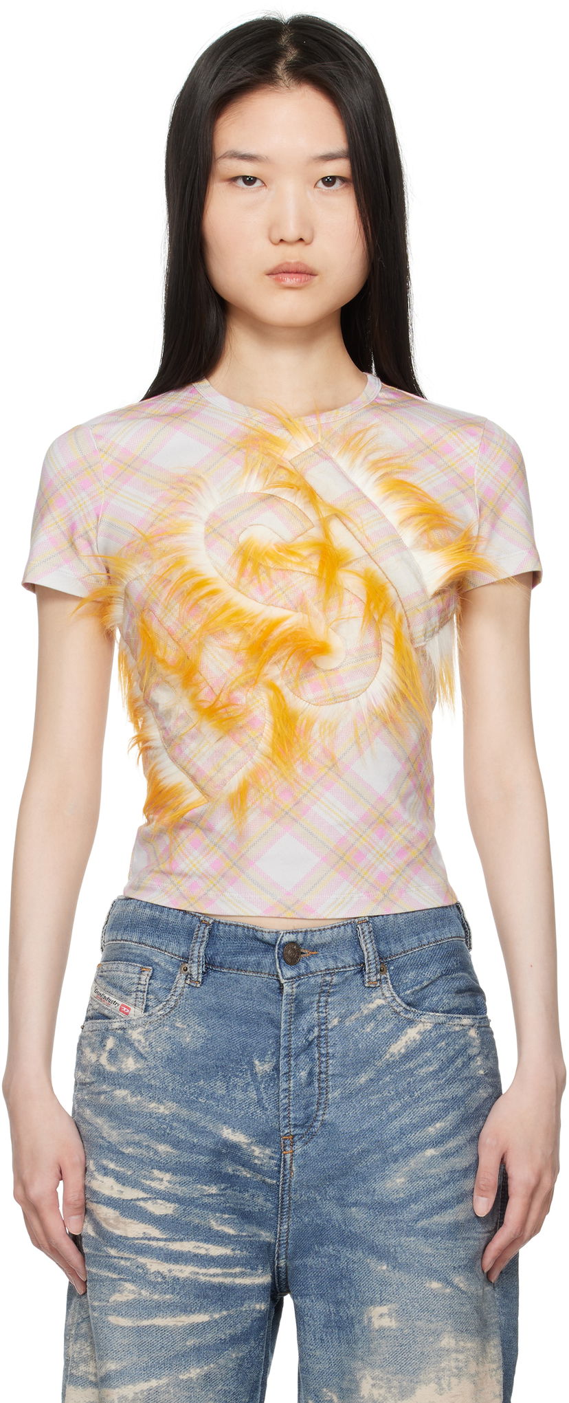 Crop top Diesel Plaid Cropped T-Shirt with Yellow Faux Fur Detail Vit | A16538 0AMDX