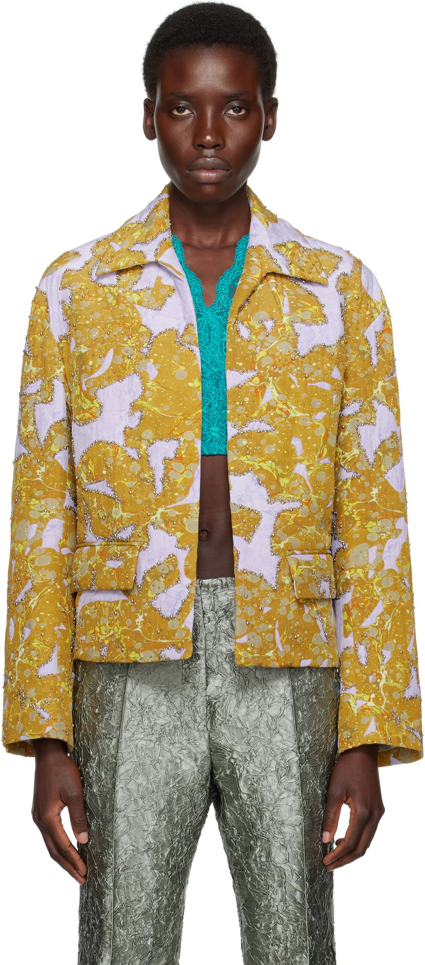 Jacka Dries Van Noten Dries Van Noten Beaded Floral Print Jacket Gul | 251-010520-1082
