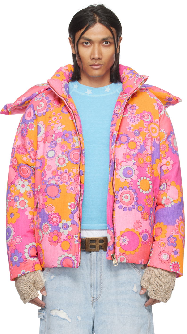 Pufferjacka ERL Floral Print Down Jacket Rosa | ERL07C103