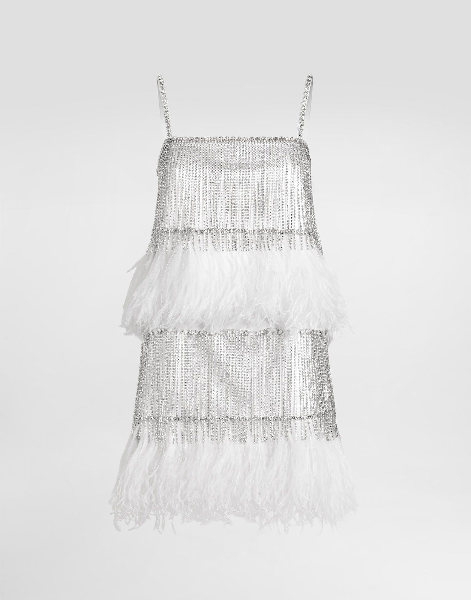 Klä Dolce & Gabbana Dolce & Gabbana Satin and Feather Mini Dress with Crystal Fringe Vit | F60FHZGDDI6G1012, 0