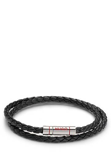 Armband BOSS HUGO Double Braided Leather Cuff Bracelet Svart | 50532309