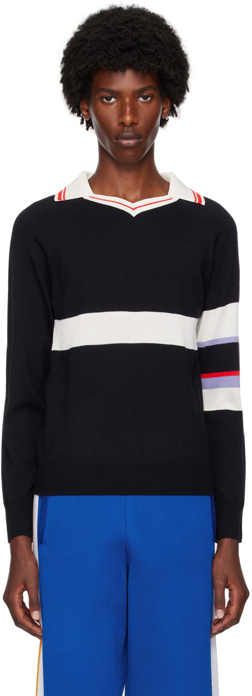 T-shirt Wales Bonner Navy Calm Long Sleeve Polo Svart | WA24KN23-WO07-599