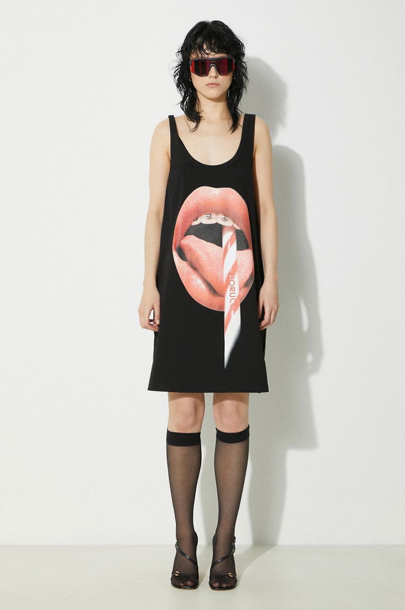 Linne Fiorucci Fiorucci Oversize Mini Tank Dress with Mouth Print Svart | W01FPDTA111CO01BK01