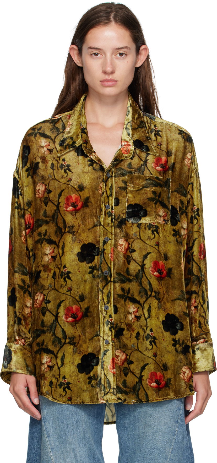 Skjorta R13 R13 Floral-Print Velvet Drop-Neck Shirt Grön | R13WR004-R595A