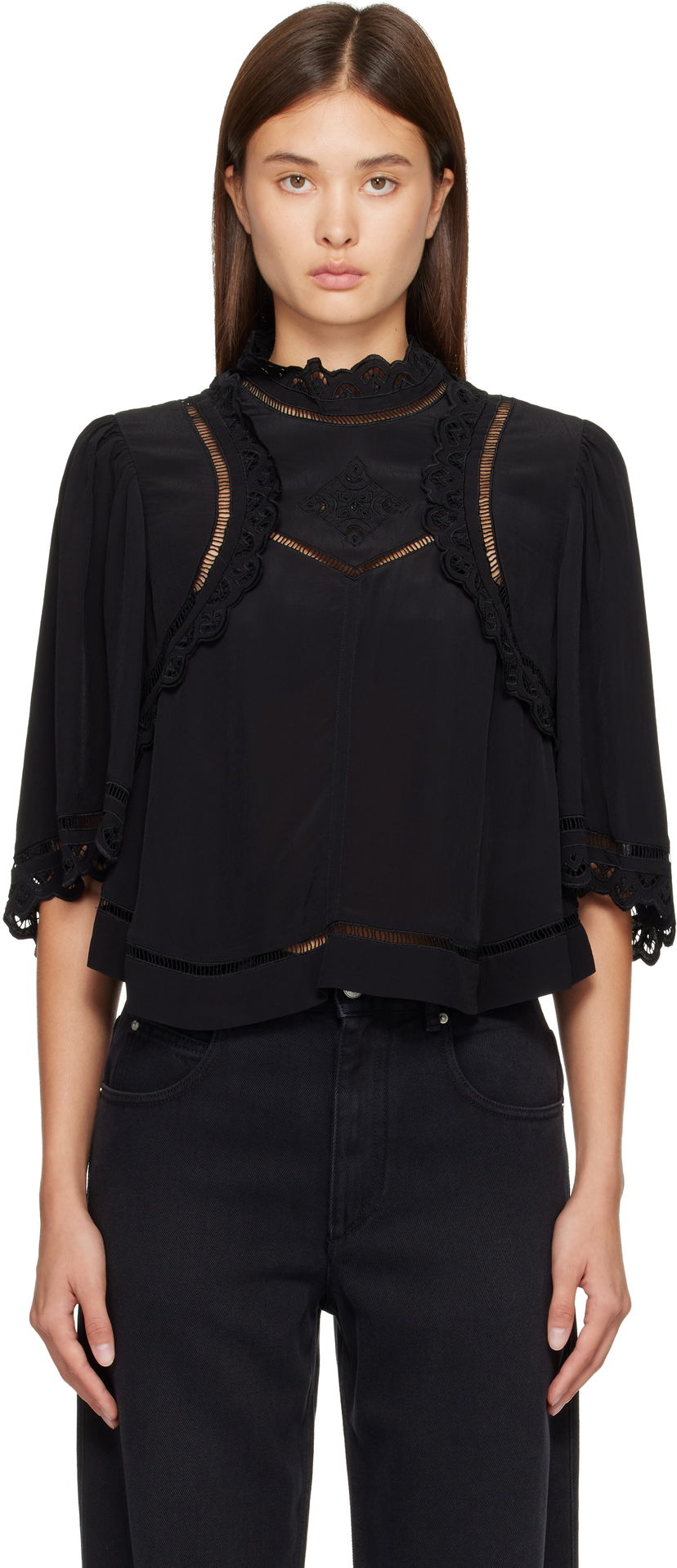 Skjorta ISABEL MARANT Frany high-neck lace cut-out blouse Svart | HT0662FA-C3J11I