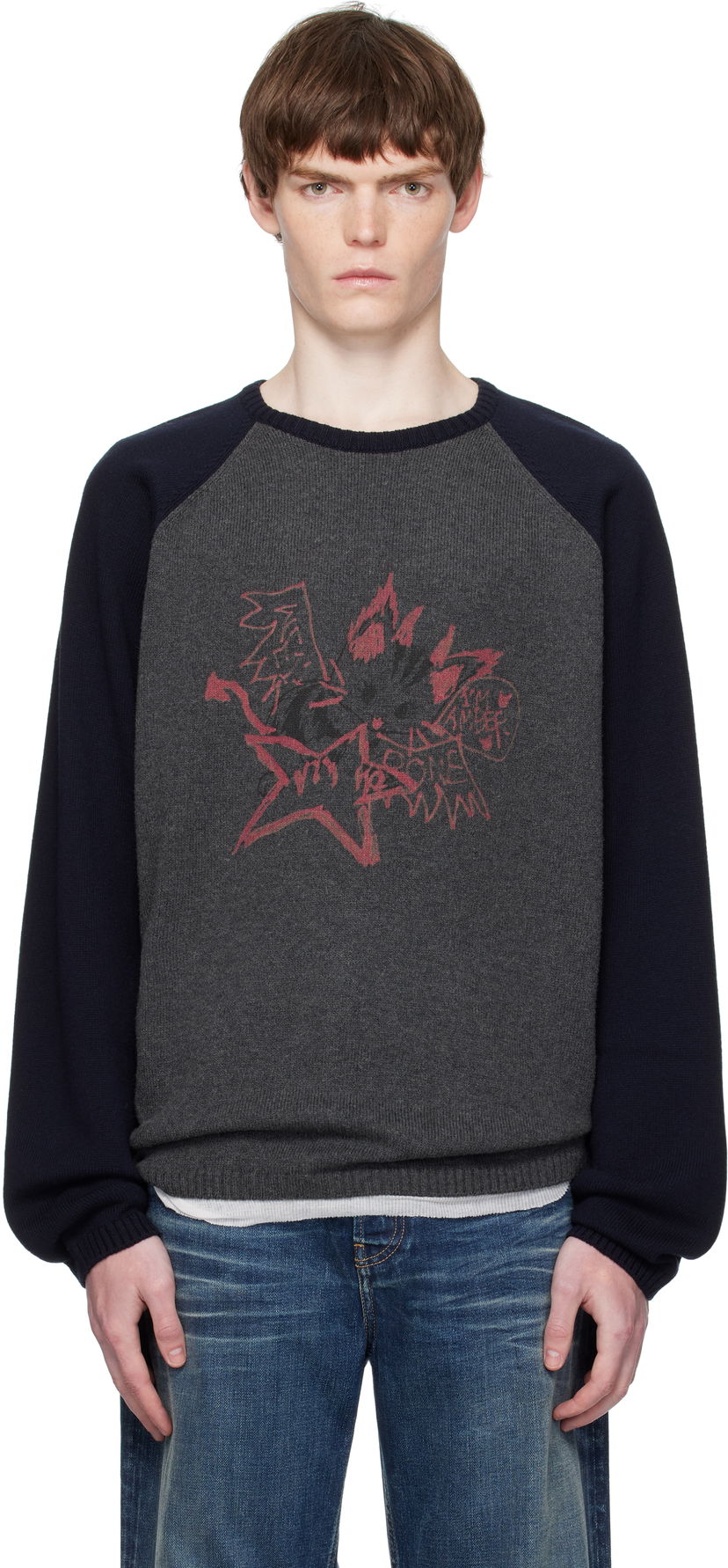 Sweater We11done We11done Printed Raglan Knit Pullover Sweater Grå | WD-KO2-25-659-U-CH