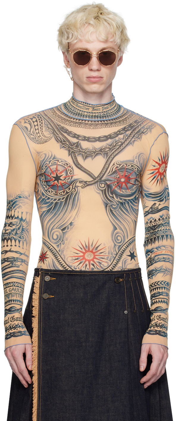 T-shirt Jean Paul Gaultier Jean Paul Gaultier Tattoo Print Turtleneck Top Beige | 23/15-F-TO111-J528-635030