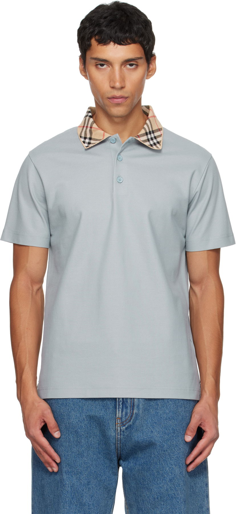 Polotröja Burberry Burberry Check Collar Cotton Polo Blå | 8110944