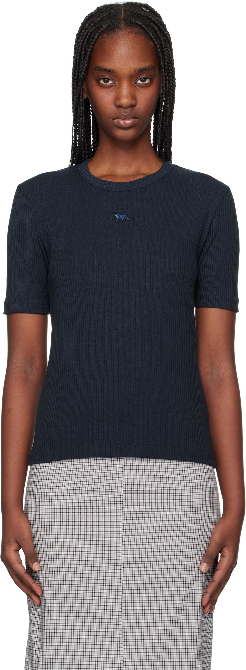 T-shirt MAISON KITSUNÉ Maison Kitsuné Baby Fox Ribbed Fitted T-Shirt Mörkblå | OW00124KJ0134