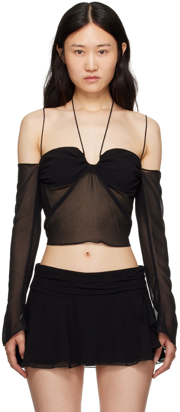 Crop top GUIZIO Guizio Gathered Sheer Off-Shoulder Blouse Svart | H23113W034
