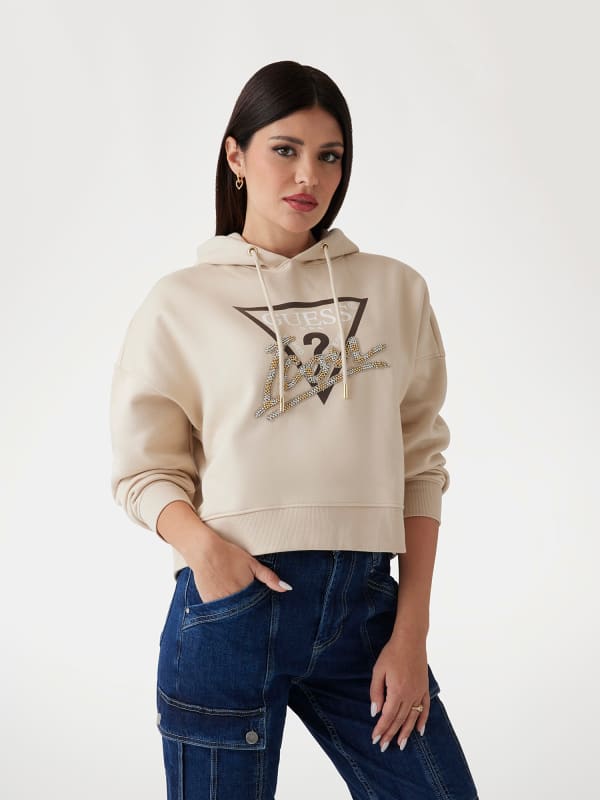 Sweatshirt GUESS Women's Beige Cropped Hoodie with Rhinestone Logo Beige | W4BQ06KB683