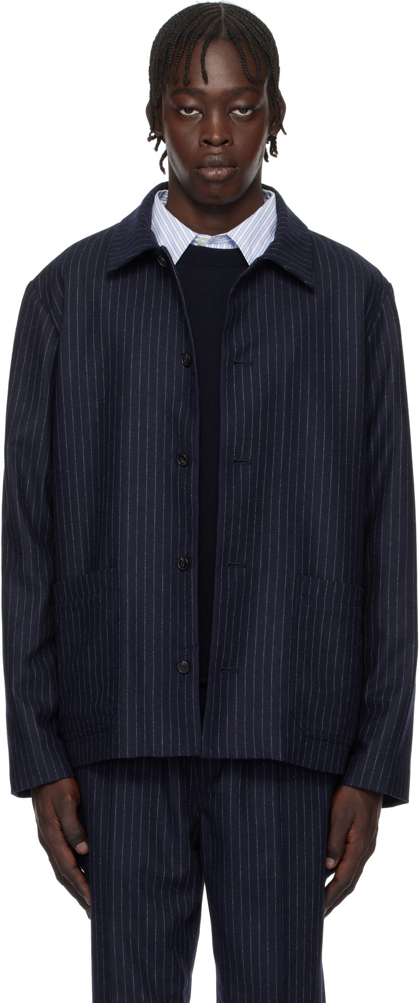 Bomberjacka A.P.C. Pinstripe Wool Jacket Mörkblå | WOARO-H03208