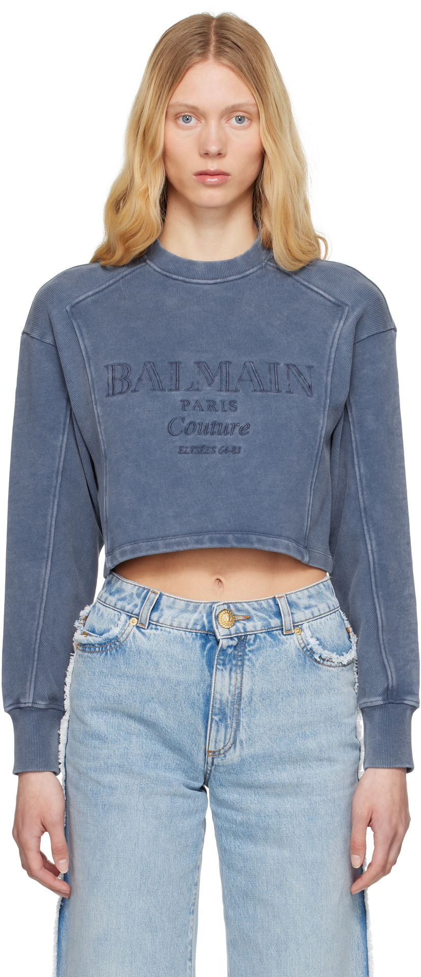 Sweater Balmain Balmain 'Couture' Cropped Embroidered Sweatshirt Blå | EF1JO076BC96