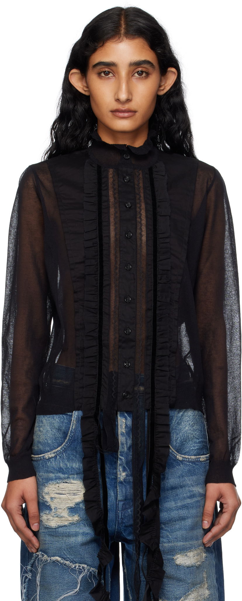 Skjorta Ann Demeulemeester Ann Demeulemeester Monya Sheer Ruffle Blouse Svart | B0012852-KN008-099