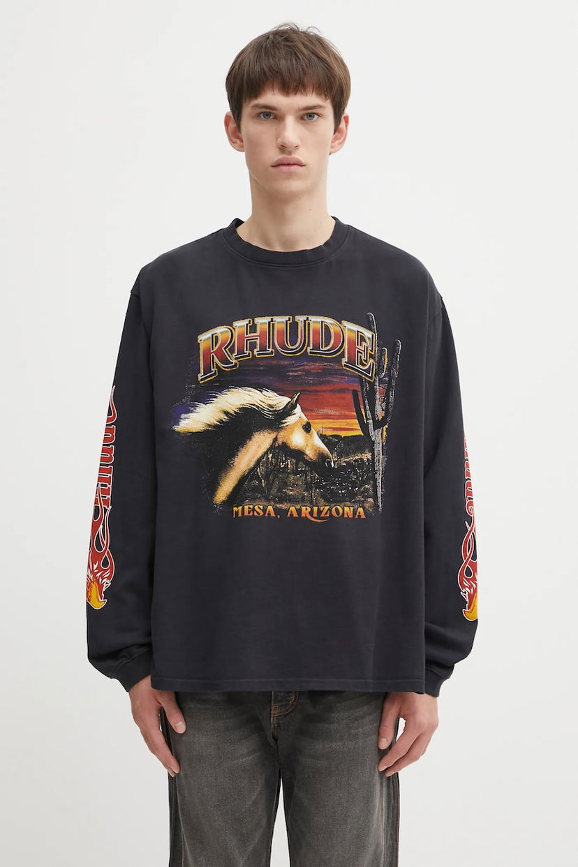 T-shirt Rhude Mesa Stallion Long-Sleeved T-Shirt with Graphic Print Svart | RHFW25TT08012