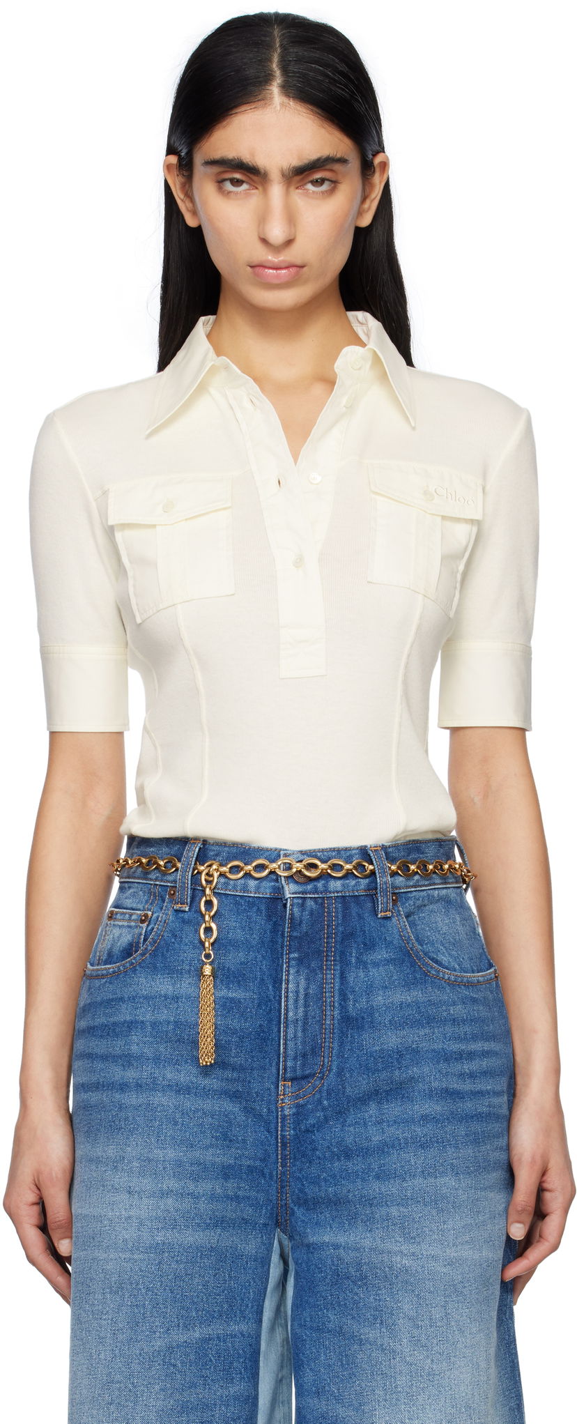 Polotröja CHLOÉ Chloé Short-Sleeve Utilitarian Polo Vit | CH25SJH13182