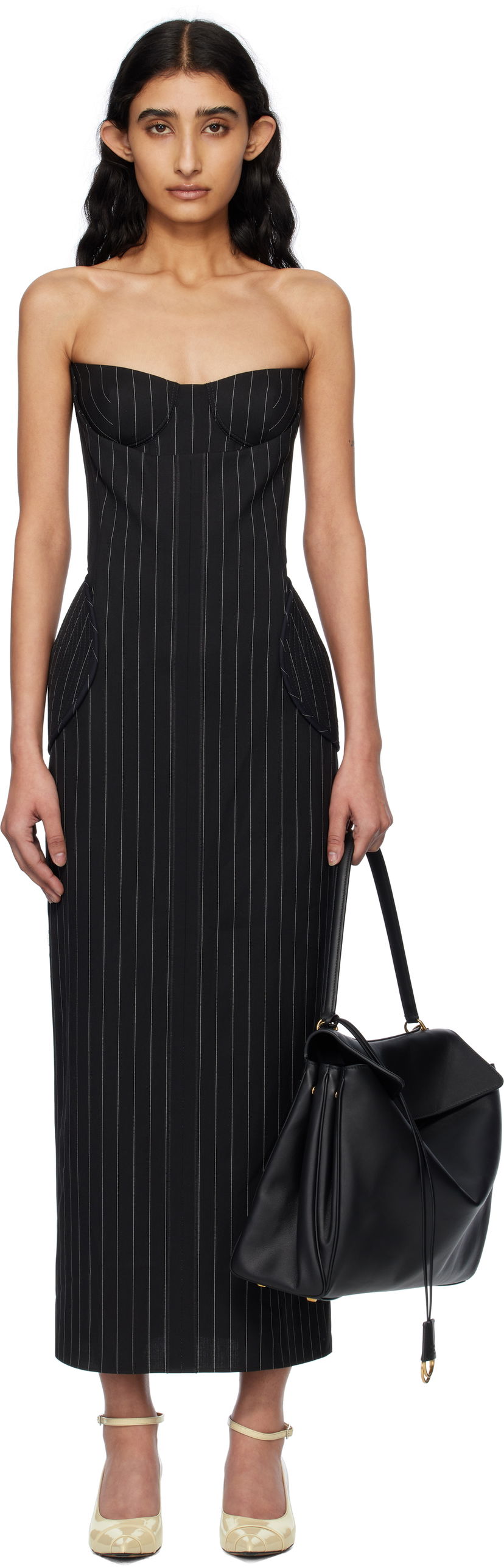 Klä Jean Paul Gaultier Jean Paul Gaultier 'The Long Bustier' Pinstripe Midi Dress Svart | 25/33-F-RO333-C074-0001