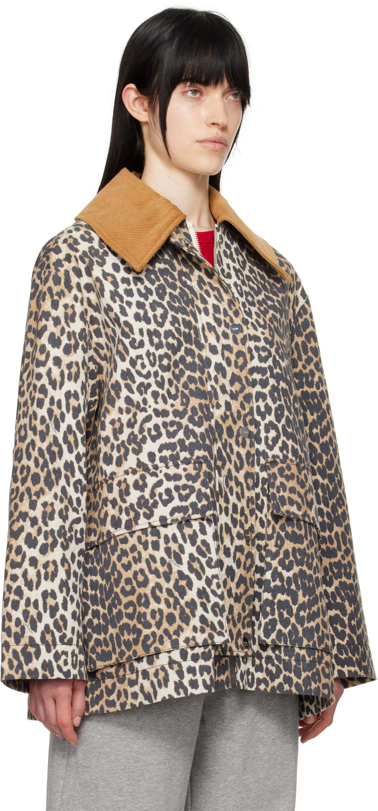 Rockar GANNI Ganni Leopard Print Canvas Midi Jacket Beige | W0391, 1
