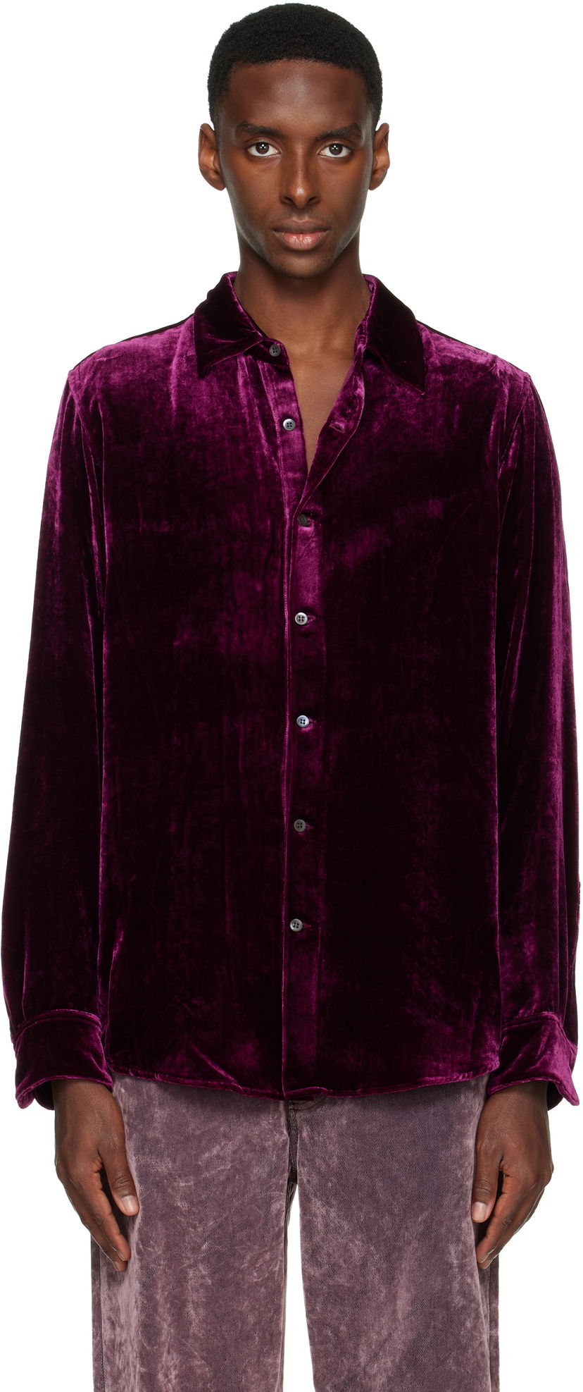 Skjorta Dries Van Noten Dries Van Noten Silk Velvet Long Sleeve Shirt Purpur | 252-020710-2282