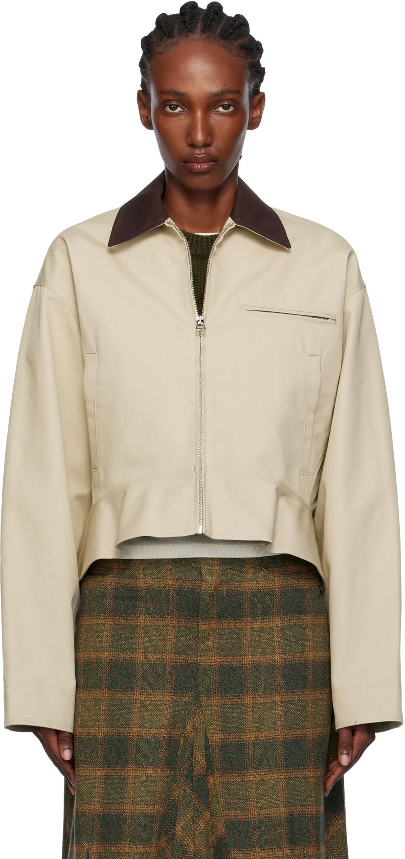 Jacka JW Anderson JW Anderson Cropped Contrast Collar Curved Hem Workwear Jacket Beige | JK0399-PG1802