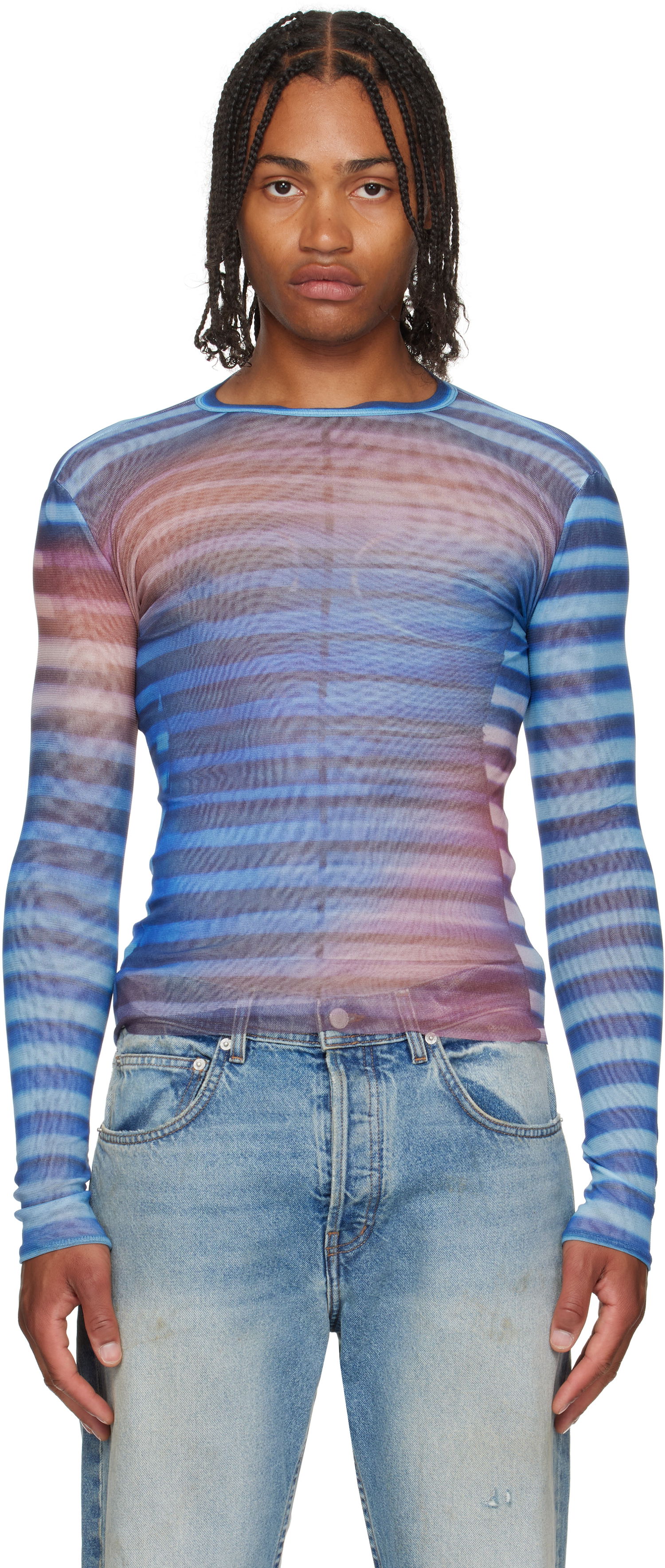 T-shirt Jean Paul Gaultier Jean Paul Gaultier 'The Air' Striped Mesh Long Sleeve Blå | 25/03-W-TO336-M005P-565034, 0
