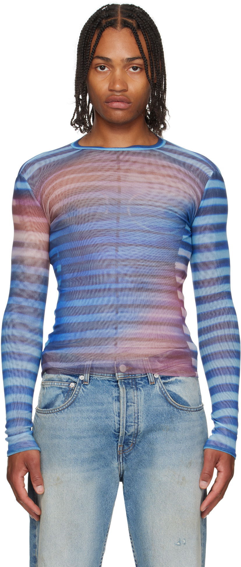 T-shirt Jean Paul Gaultier Jean Paul Gaultier 'The Air' Striped Mesh Long Sleeve Blå | 25/03-W-TO336-M005P-565034