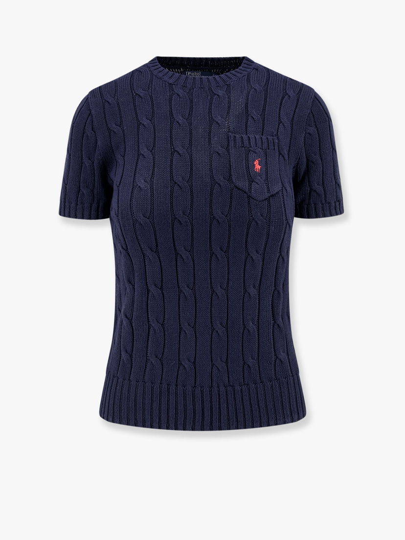 Sweater Polo by Ralph Lauren Women's Cable Knit Short Sleeve Sweater with Pocket by Polo Ralph Lauren Mörkblå | 211895379010