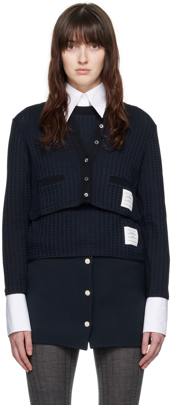 Sweater Thom Browne Checkered Jacquard Cropped Cardigan Mörkblå | FJT323A-J0133