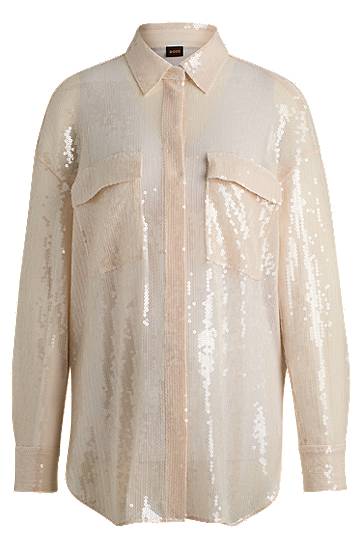 Skjorta BOSS Relaxed-Fit Sequin Blouse with Point Collar Beige | 50524263
