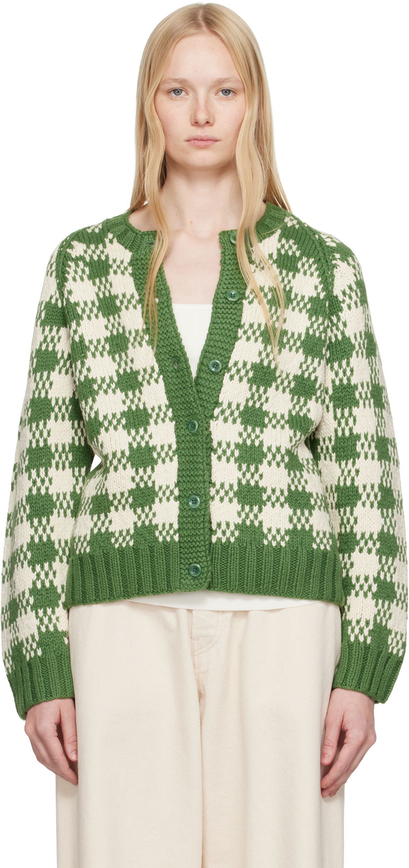 Sweater YMC YMC Atomic Check Cardigan Grön | Q8YAC